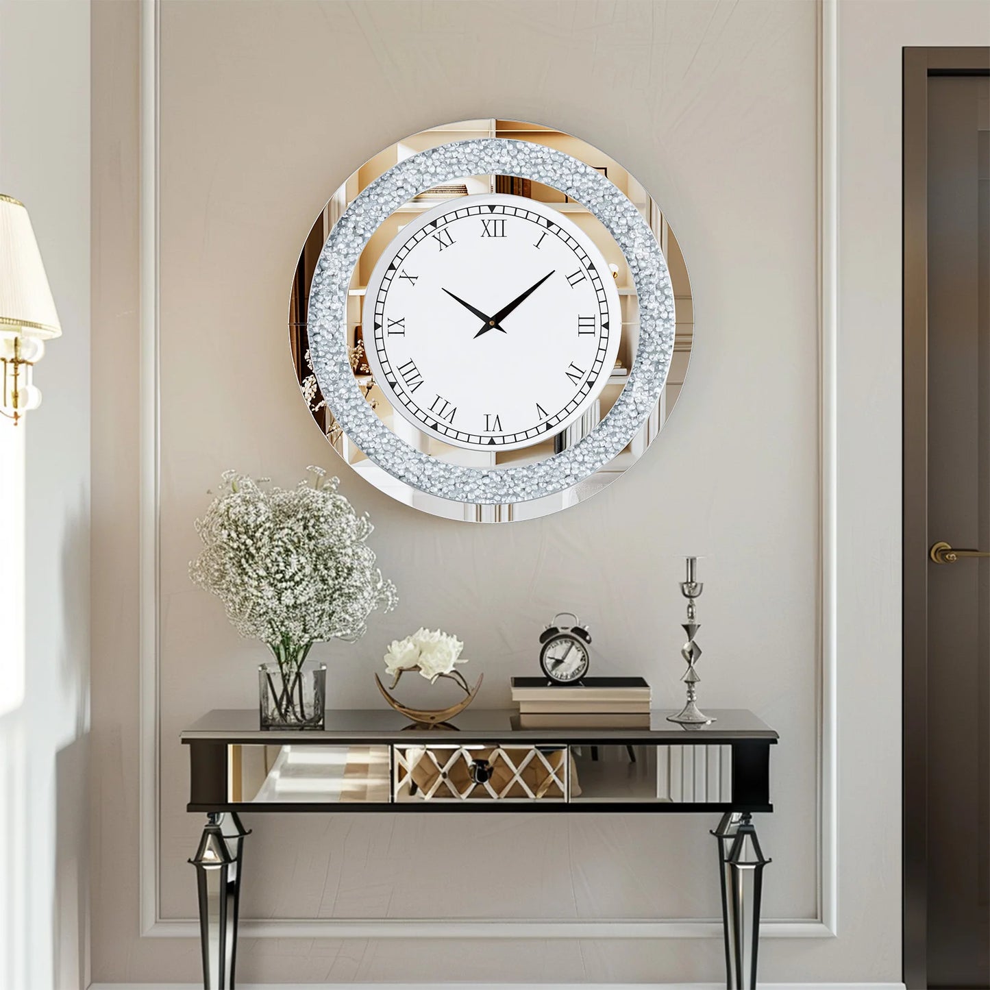 Round 24 Inch Silver Tawny Mirror Clock For Living Room