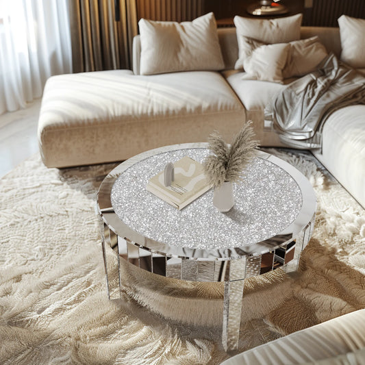 Mirrored Coffee Table With Crystal Inlay Modern Round Glass Table