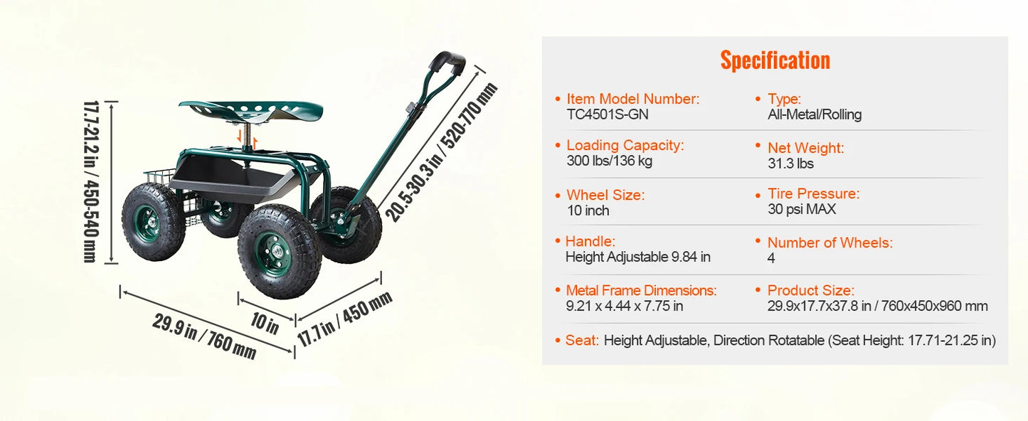 SucceBuy Garden Cart Rolling Workseat With Wheels 360 Degree Swivel