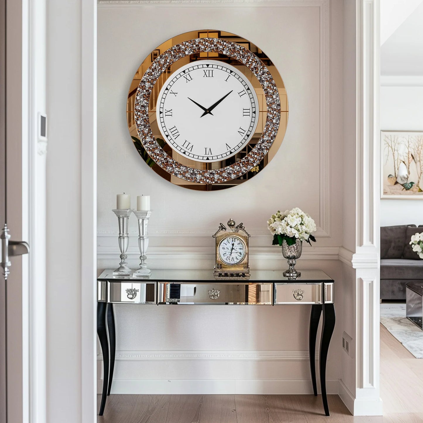 Round 24 Inch Silver Tawny Mirror Clock For Living Room
