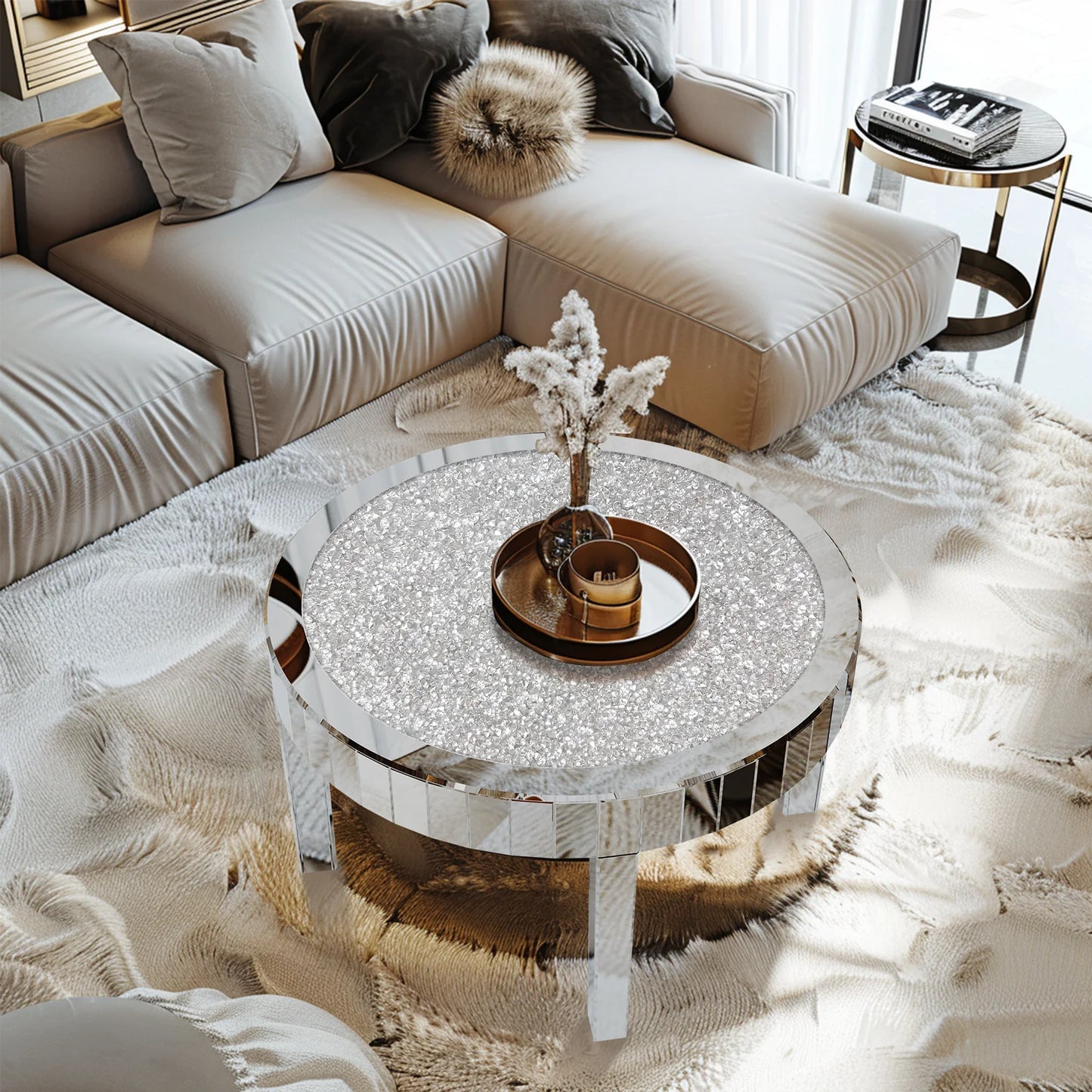 Mirrored Coffee Table With Crystal Inlay Modern Round Glass Table