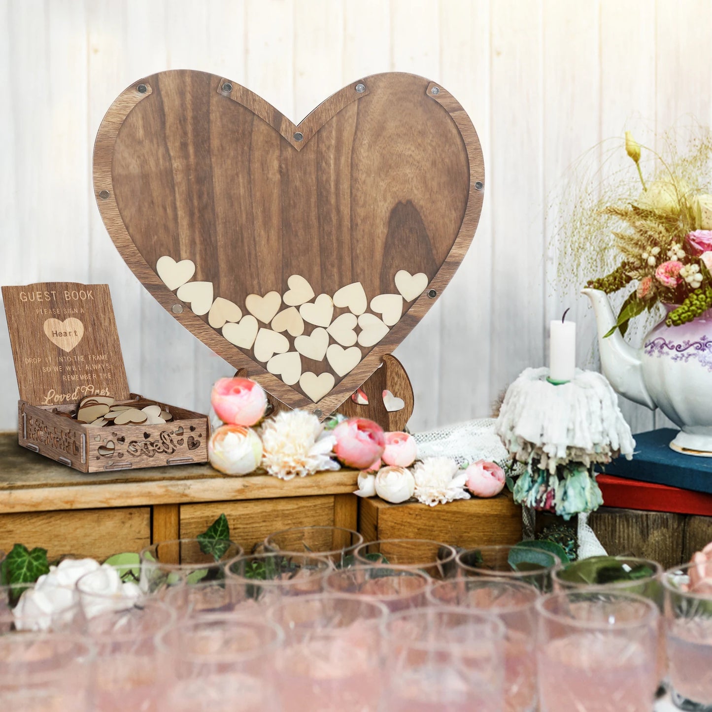 Rustic Wedding Guest Book In Carbonized Wood With Heart Bracket