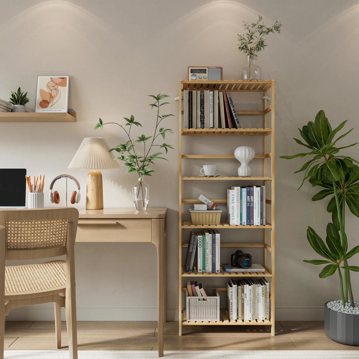 Bamboo Six Tier Bookshelf And Flower Rack With Adjustable Shelves