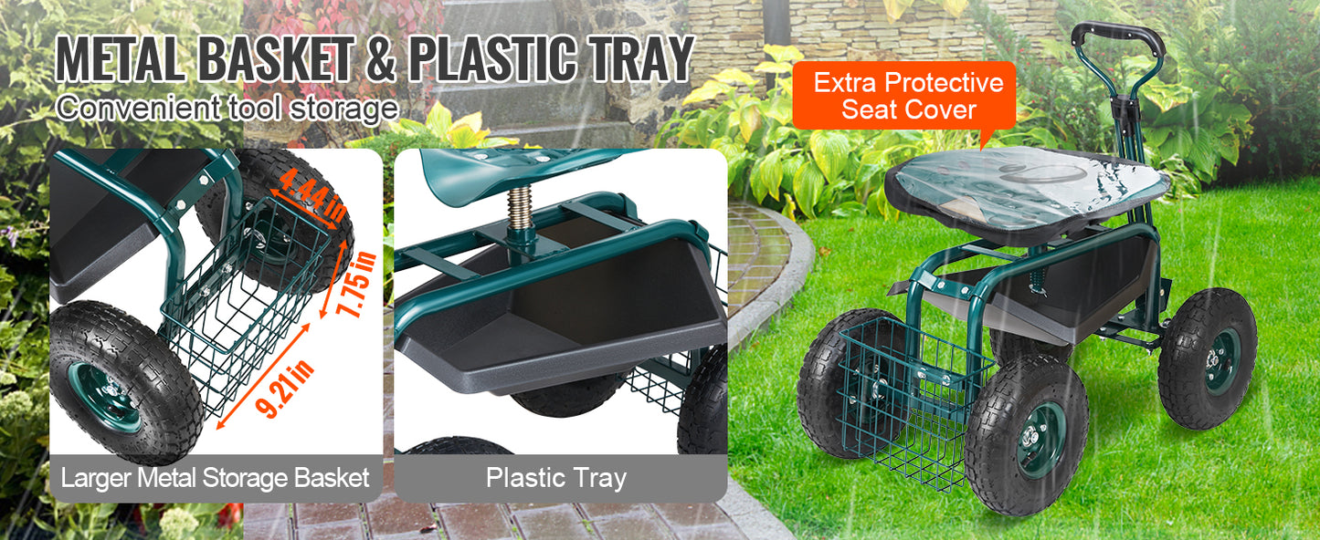SucceBuy Garden Cart Rolling Workseat With Wheels 360 Degree Swivel